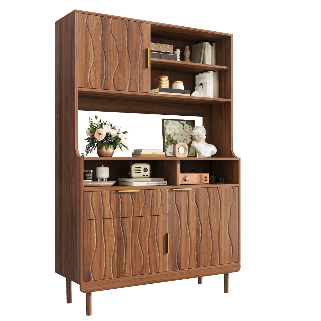 Sideboard alto con 1 cassetto, ante e ripiani aperti. Mobile contenitore in MDF e truciolato con piedi in legno massello