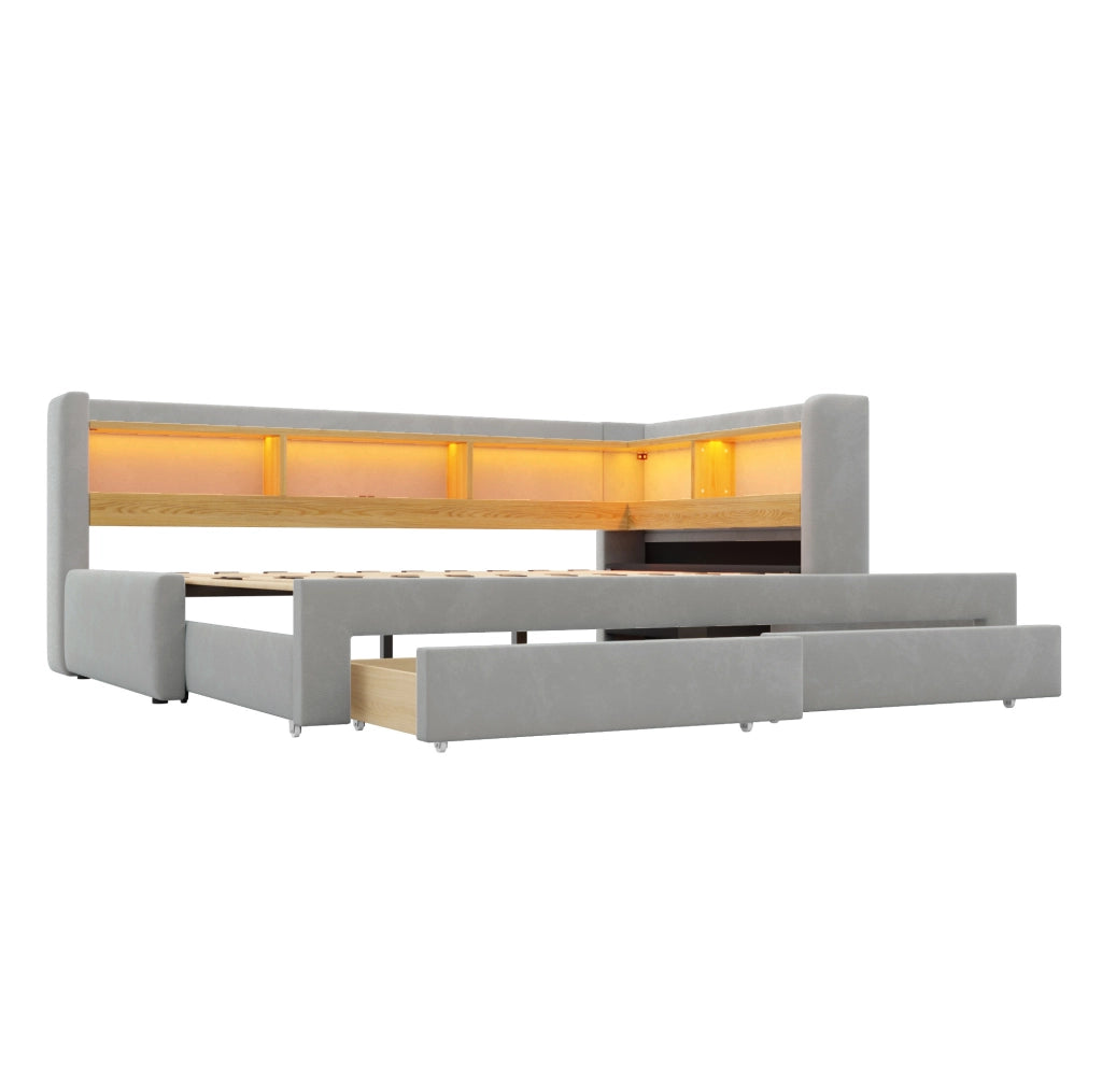 Divano letto 3 in 1 estraibile 90x200 cm; matrimoniale 180x200 cm; LED e cassetti; grigio