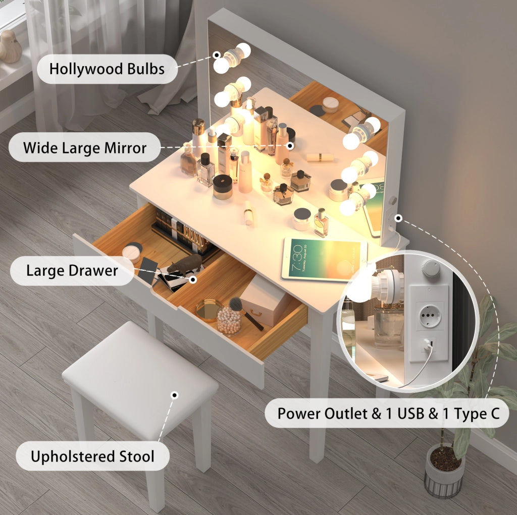 Toeletta bianca con specchio LED; 2 cassetti; sgabello; presa USB e Type-C