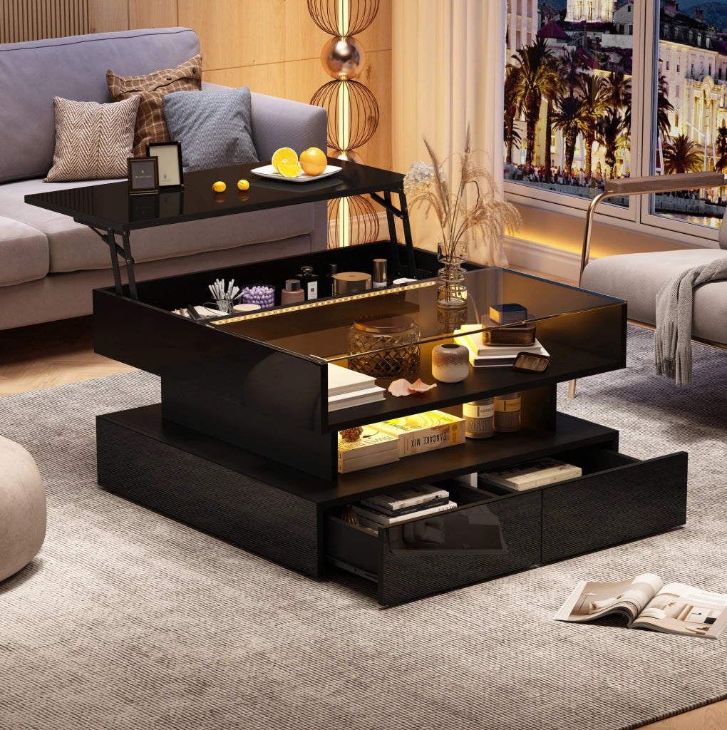 Tavolino da salotto 80x80x45 cm sollevabile con LED e 2 cassetti nero
