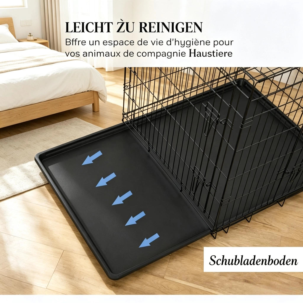 Gabbia per cani pieghevole con 2 porte bloccabili vassoio rimovibile maniglia in acciaio nero 121 × 77 × 82 cm