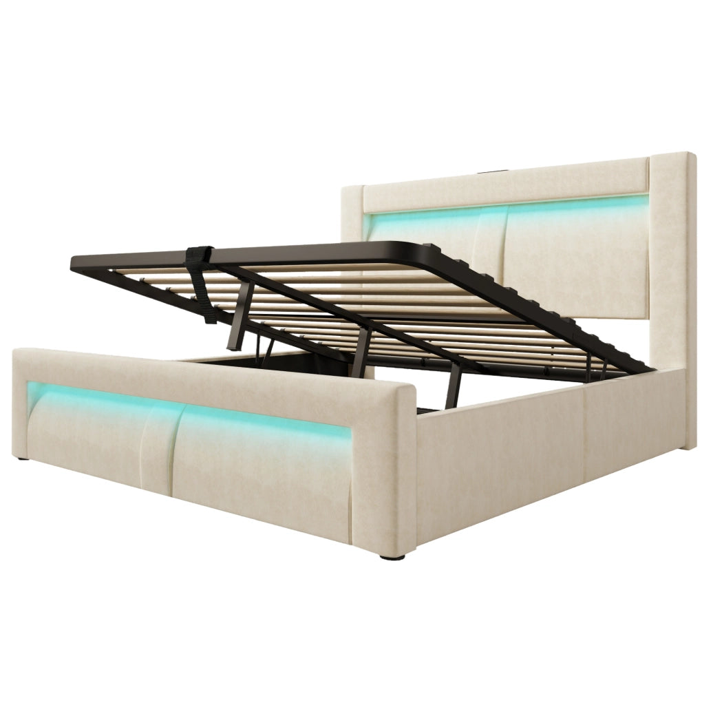 Letto matrimoniale 160x200 cm con contenitore, LED e porte USB