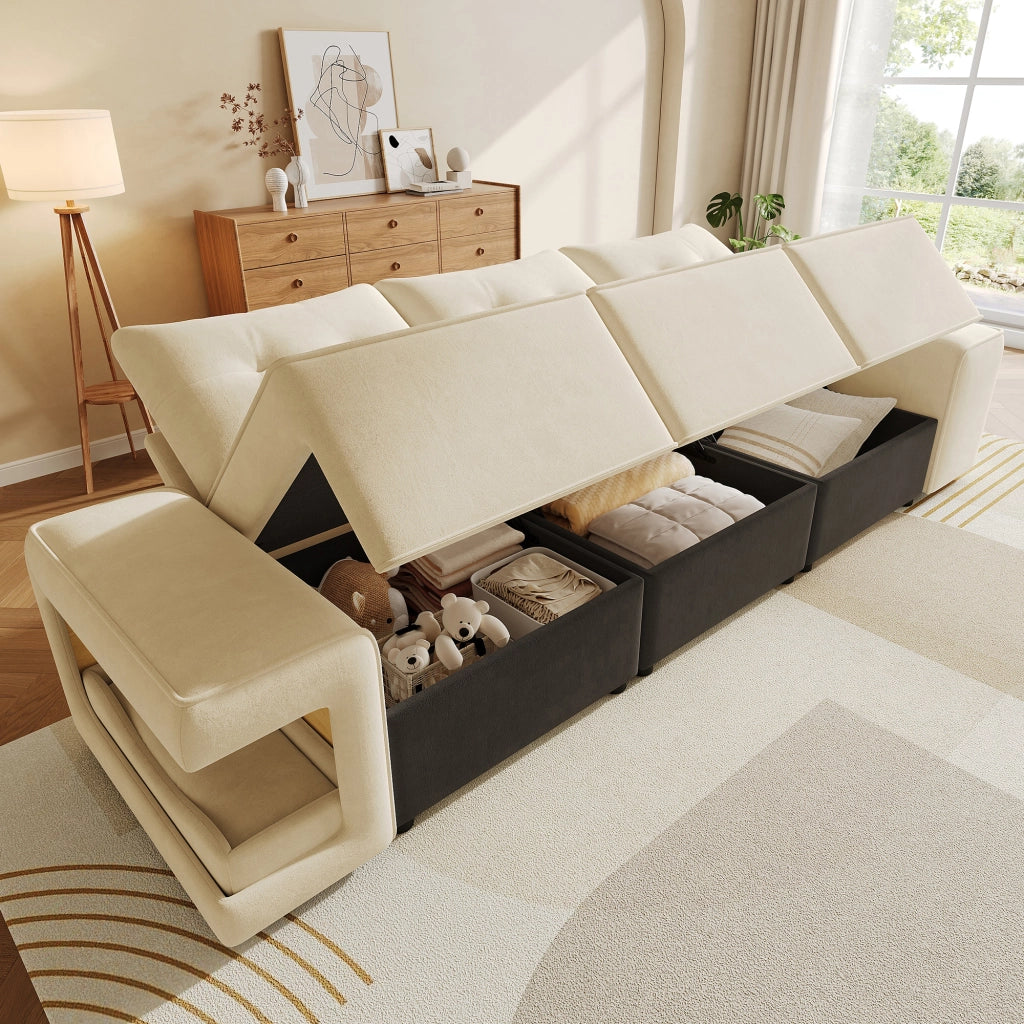 Divano modulare 3 posti con contenitori e nicchie per animali in velluto beige