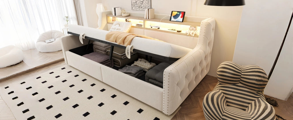 Divano letto imbottito con LED, prese e contenitore, 90x200 cm, beige