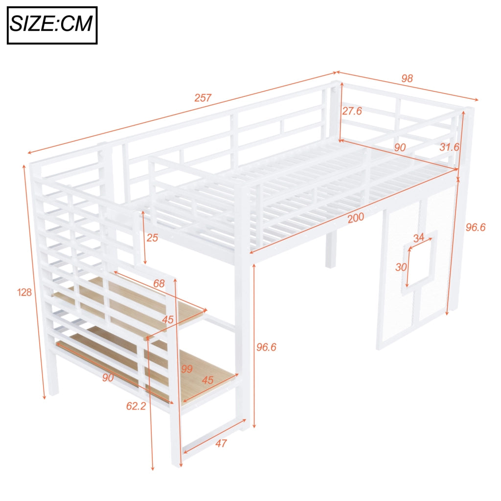 Letto a soppalco 90x200 cm in metallo e MDF con scala LED