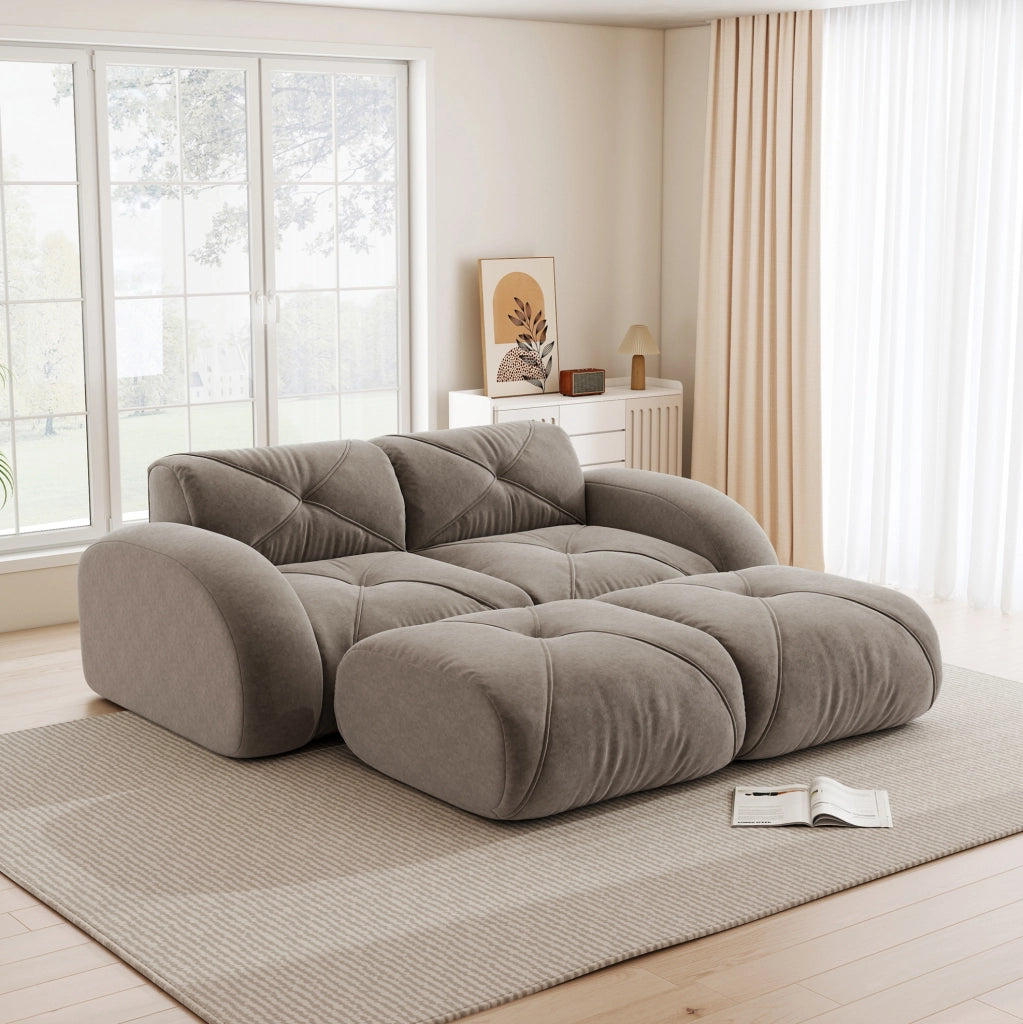 Divano modulare 2 posti taupe con 2 pouf, rivestimento in chenille senza struttura