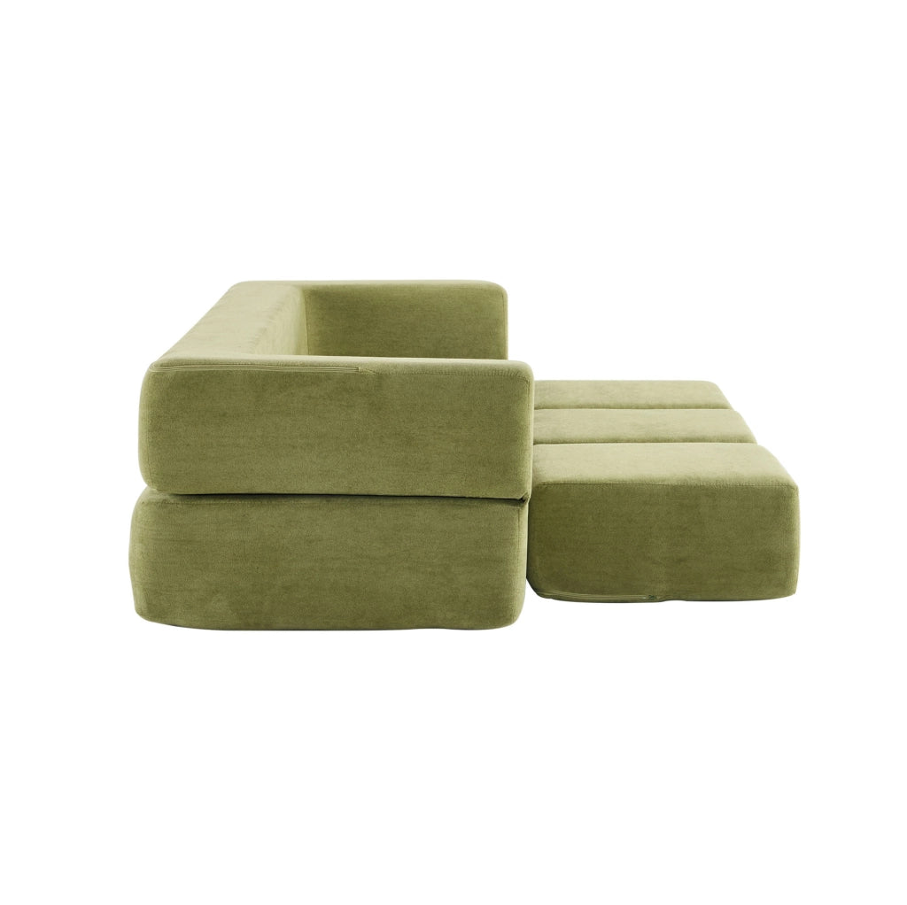Divano modulare trasformabile in verde con 3 poggiapiedi, materasso in schiuma ad alta elasticità, divano-letto salvaspazio in tessuto ciniglia per monolocali e uffici domestici