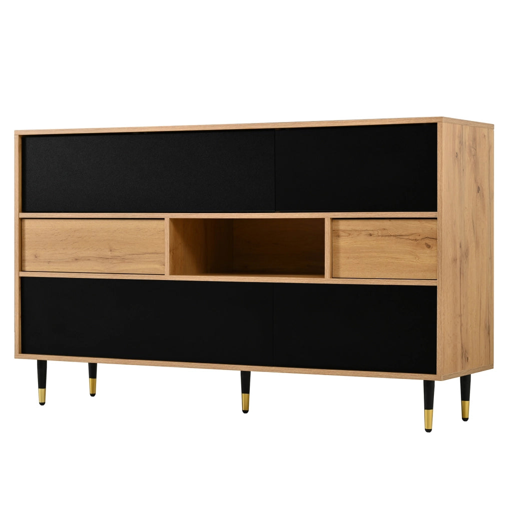 Sideboard bicolore con 2 cassetti; vano aperto e ante a ribalta; MDF e truciolare; nero e naturale