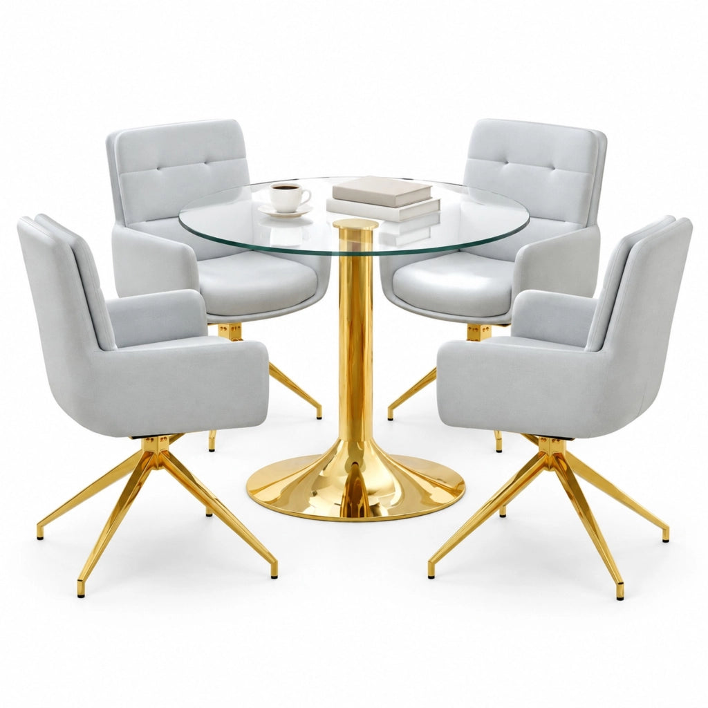 Set tavolo da pranzo rotondo Ø 85 cm con piano in vetro e sedie girevoli 360° HOMVRA