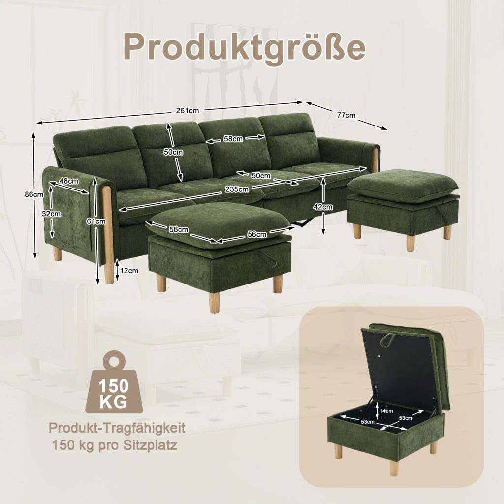 Divano modulare U a 4 posti - con contenitore e cuscini laterali - in chenille verde