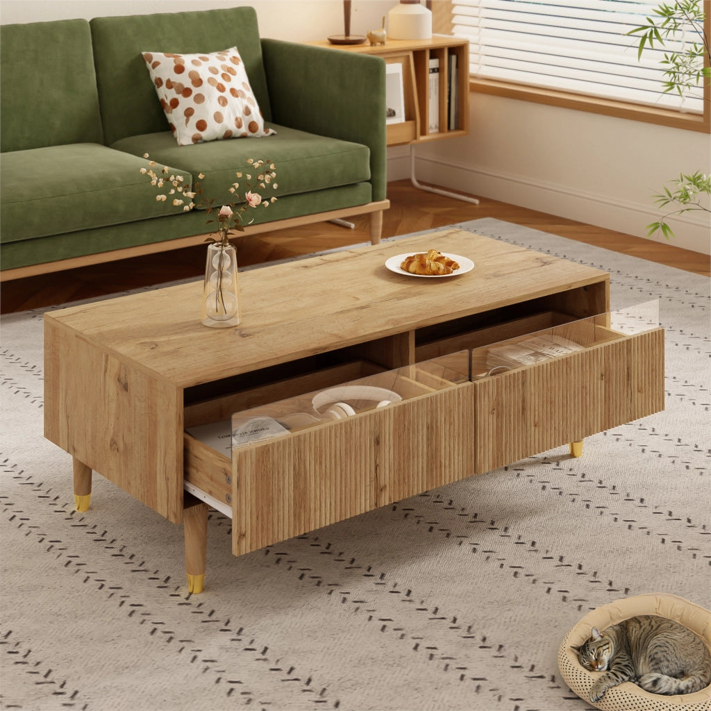 Tavolino da salotto con 2 cassetti e LED colorati, finitura ondulata, per soggiorno, in MDF legno, 110 × 50 × 40 cm