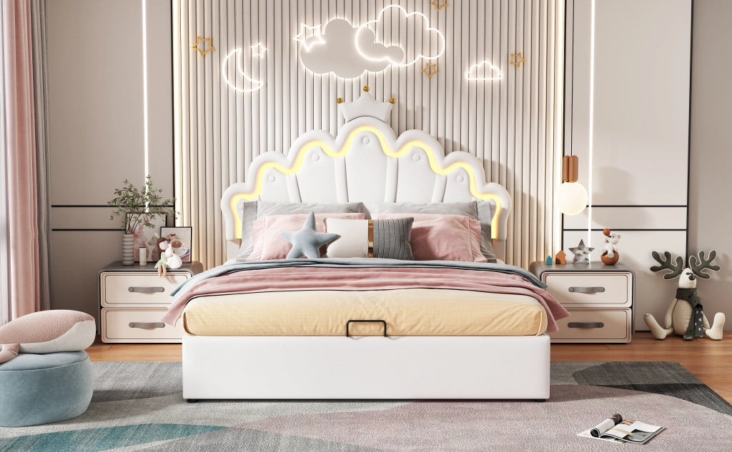 Letto matrimoniale imbottito 140 × 200 cm con contenitore LED regolabili tramite app in PU bianco