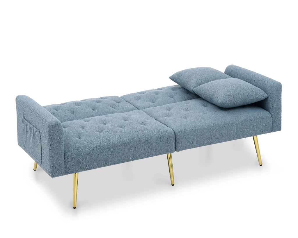 Divano letto 2 posti in tessuto teddy blu con schienale regolabile e 2 cuscini