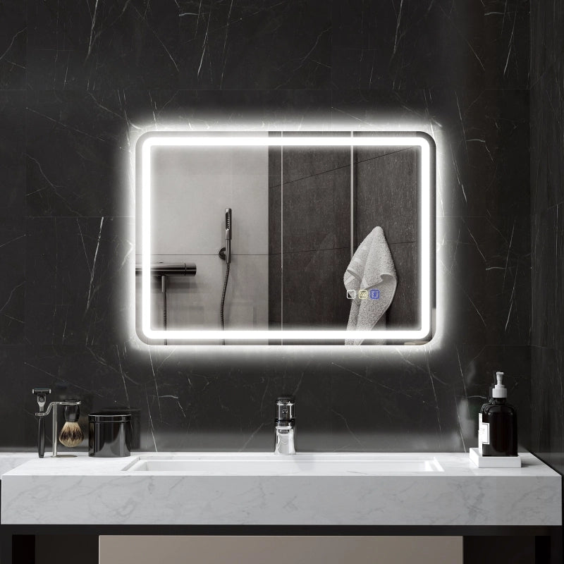 Specchio da bagno LED con Bluetooth; funzione antiappannamento; touch e memoria; vetro temperato; argento