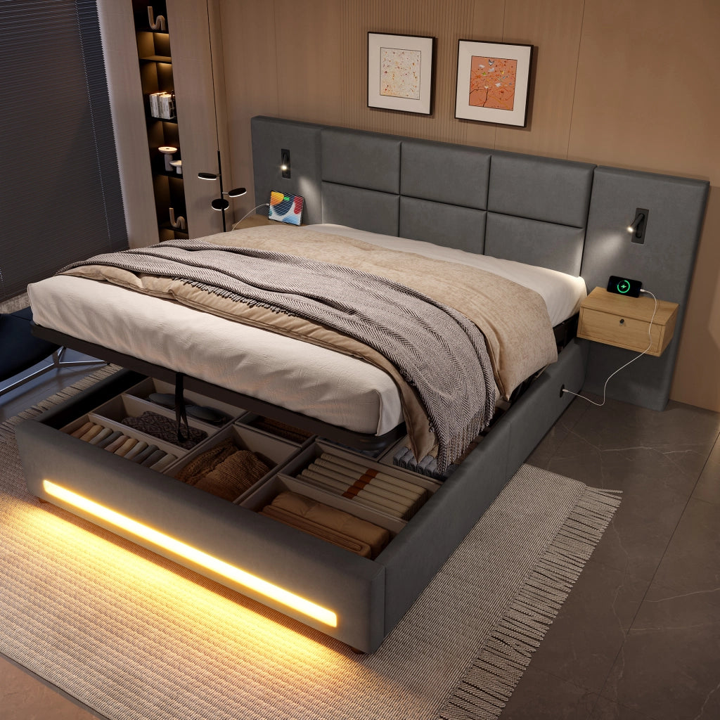 Letto contenitore 160x200 cm; matrimoniale con contenitore idraulico; cassetti; testiera; LED; USB e Type-C; velluto; grigio scuro