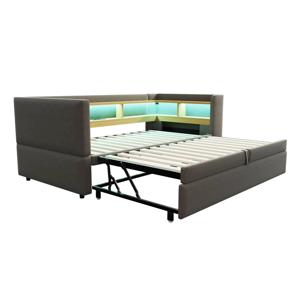 Letto Estraibile Letto Singolo 90/180 x 190 cm con LED; prese e vani contenitore