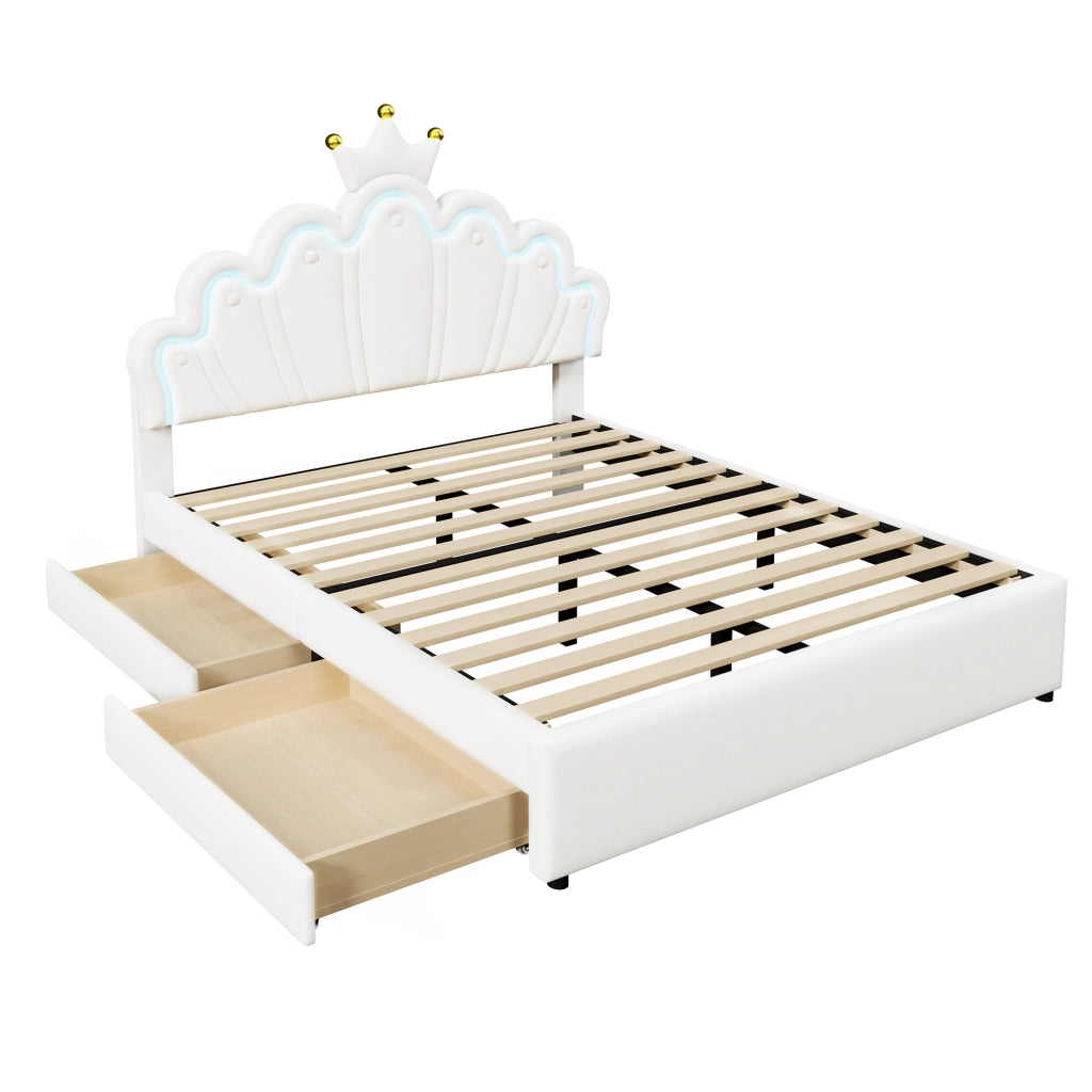 Letto matrimoniale Princess imbottito 140x200cm con 2 cassetti e forma di corona in PU bianco