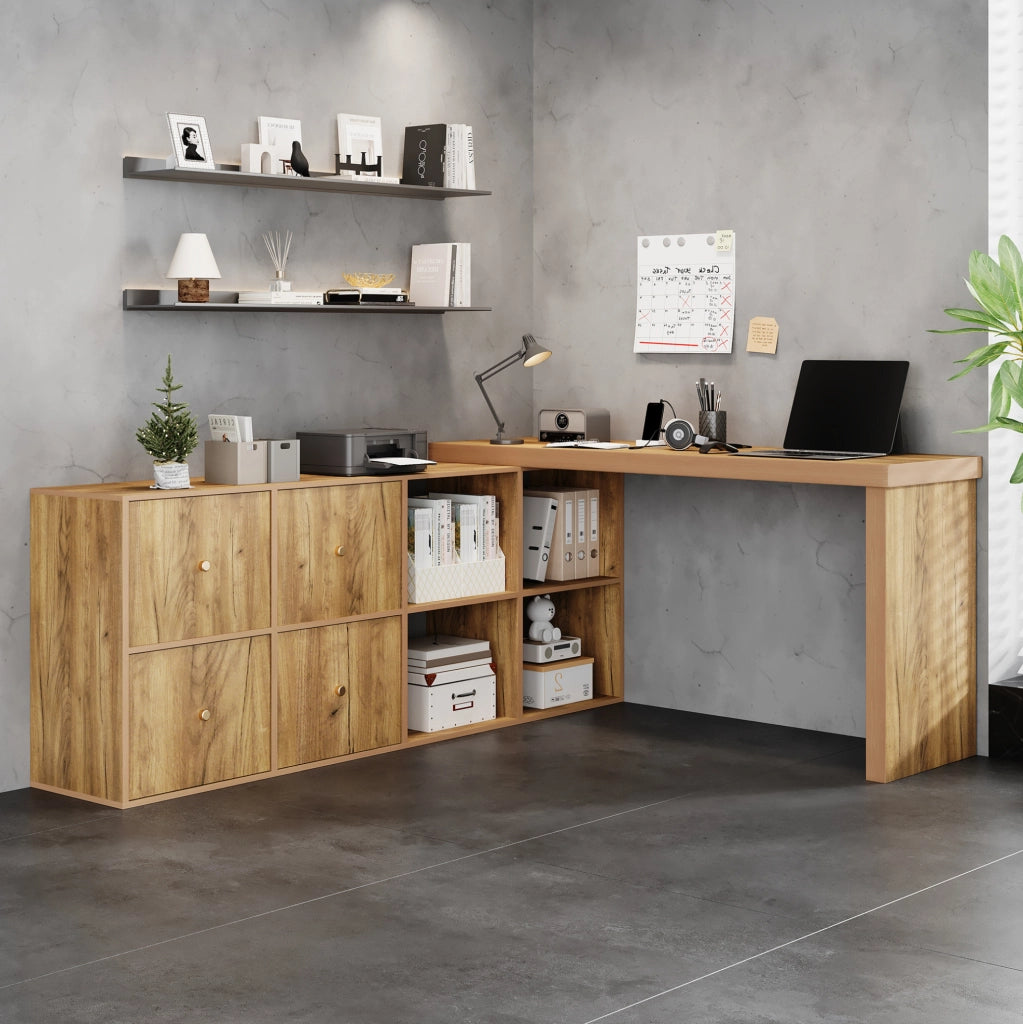 Scrivania girevole a 360° con 4 cassetti e 4 vani in MDF effetto rovere