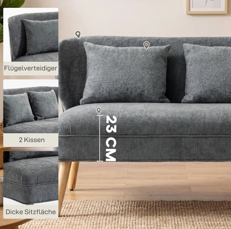 Divano 2 posti compatto in chenille grigio con schienale a ali e gambe in legno di gomma