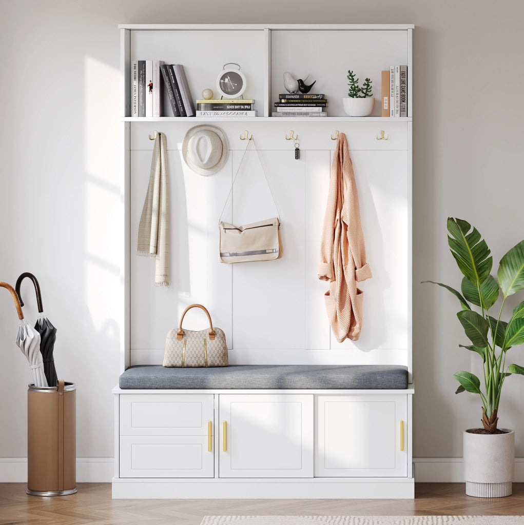 Appendiabiti con panca porta scarpe bianco 120×40×191 cm con 6 ganci tripli, design salvaspazio per ingresso e corridoio