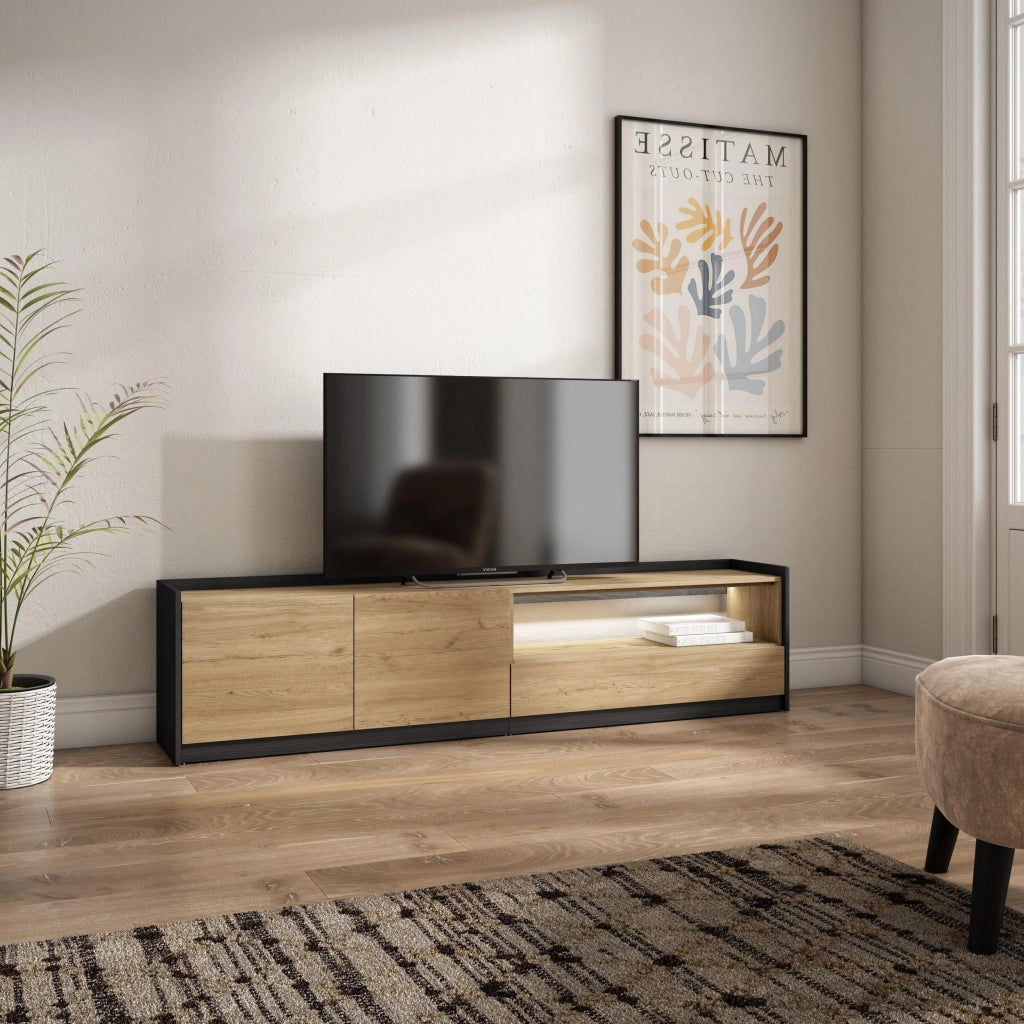 Mobile TV Soggiorno, 207x50x37 cm, Per TV fino a 80", LED, Rovere e nero