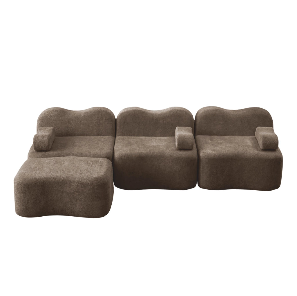 Divano angolare modulare ULEVR in velluto marrone con pouf collegabile, imbottitura in schiuma 32D