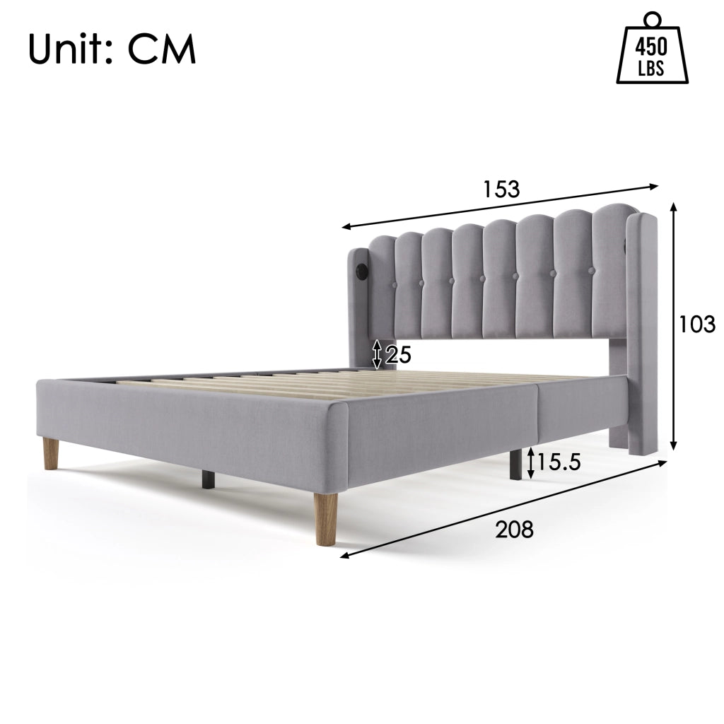 OKWISH Letto Matrimoniale 140×200 cm con USB, Tipo C e Testiera a Pannelli, senza Materasso, in Lino, Grigio