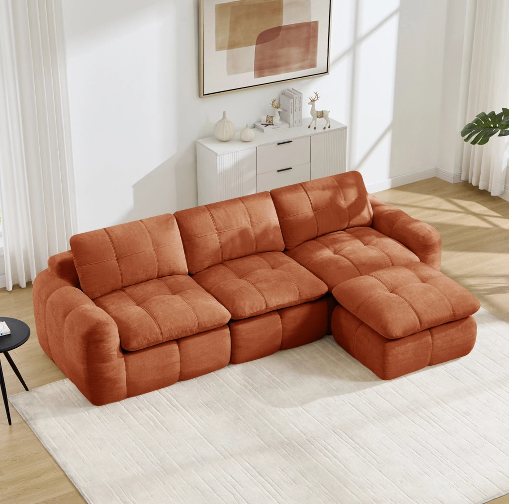 Divano modulare ad angolo a 3 posti in tessuto Chenille arancione con imbottitura in schiuma ad alta densità 32D, incluso pouf, senza montaggio