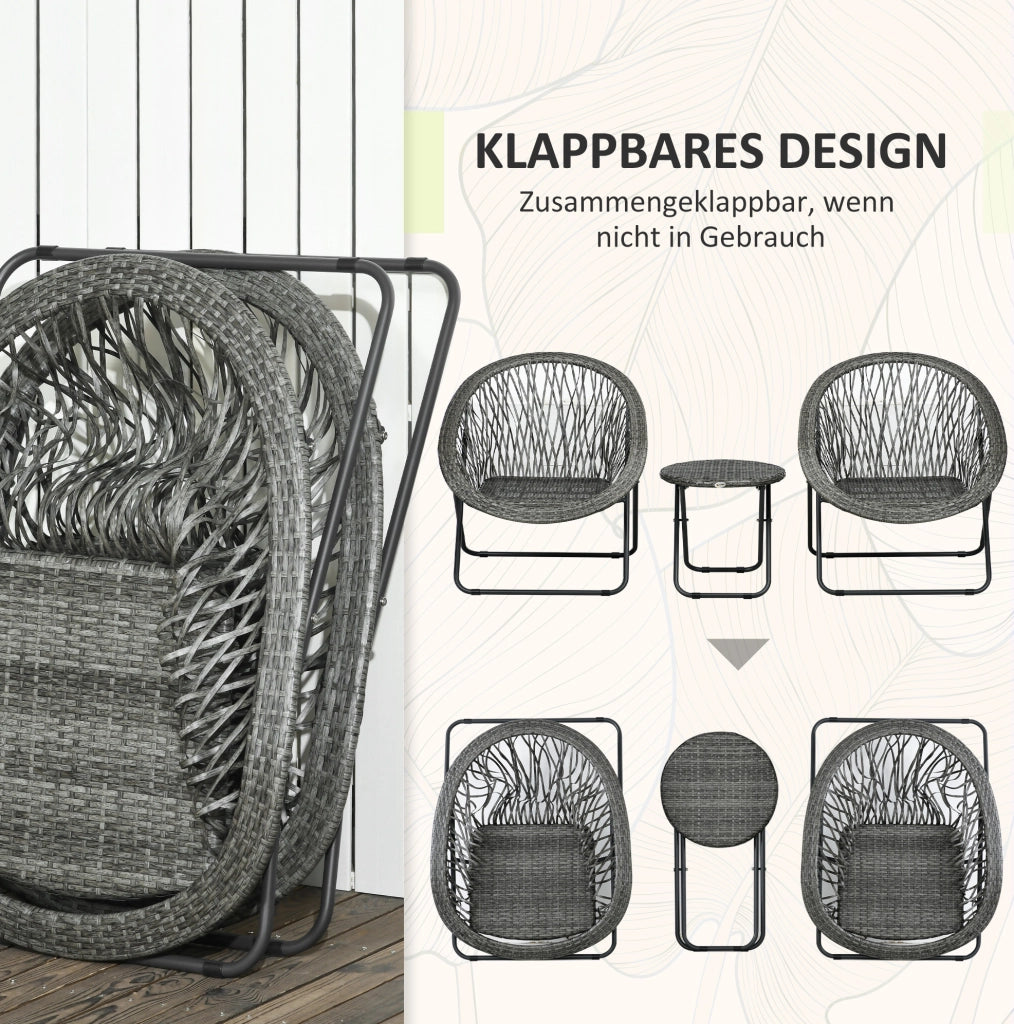 Set da giardino pieghevole 3 pezzi con tavolino rotondo e 2 sedie in acciaio grigio per balcone e terrazza