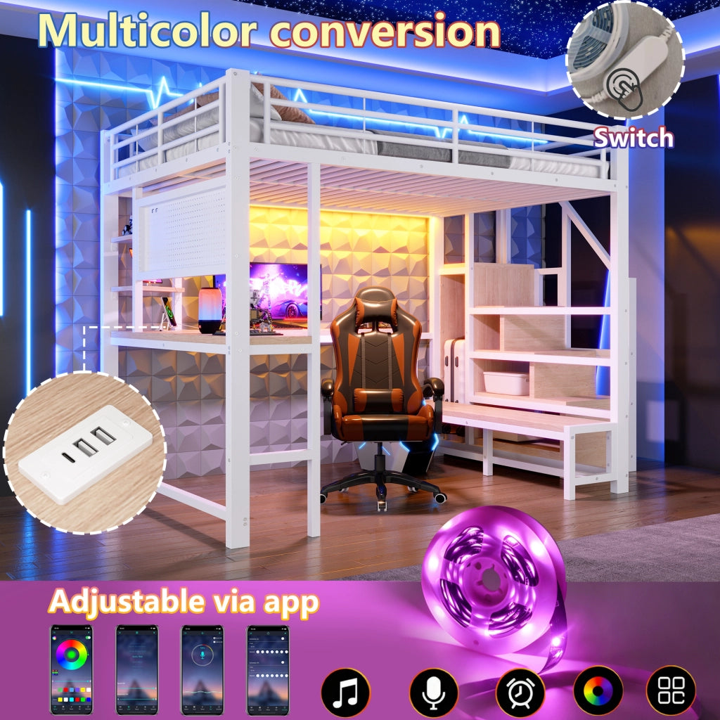 Letto a soppalco 140 × 200 cm con scrivania, scala contenitore, mensole, LED e porte USB e USB-C in metallo e MDF