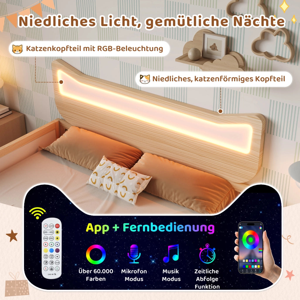 LETTO Bambini 140x200 cm Testiera gatto RGB LED Bianco e Rovere
