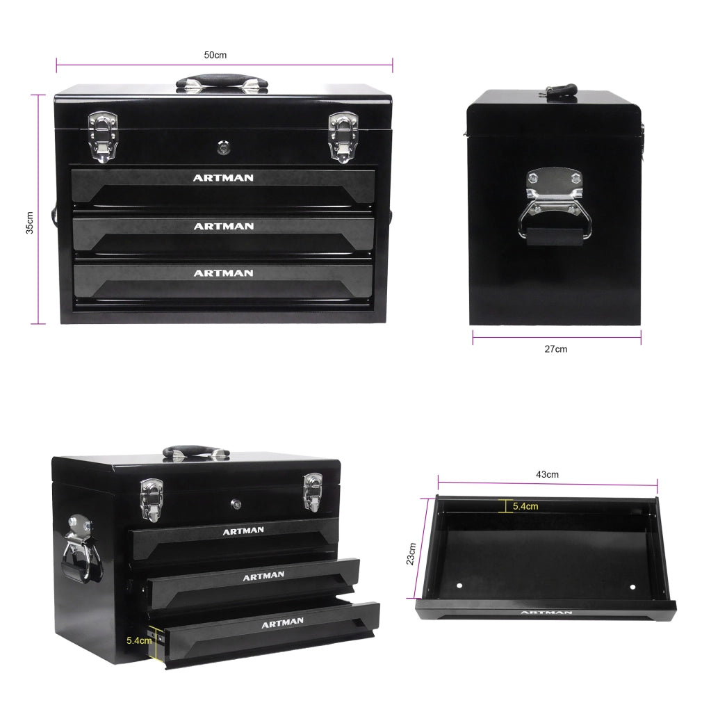 Cassetta Porta Attrezzi in Acciaio 508 mm con 3 Cassetti e Maniglia, Nero