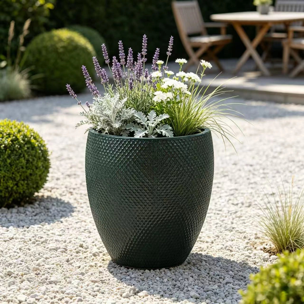 Vaso da fiori in ceramica Ø 46 cm alto 53 cm con rilievo a rombi verde scuro lucido per giardino e terrazza