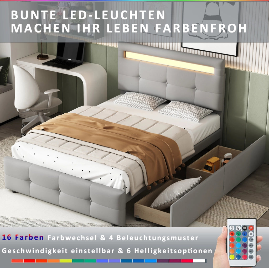 Letto imbottito 90x200 cm con LED e 2 cassetti; grigio