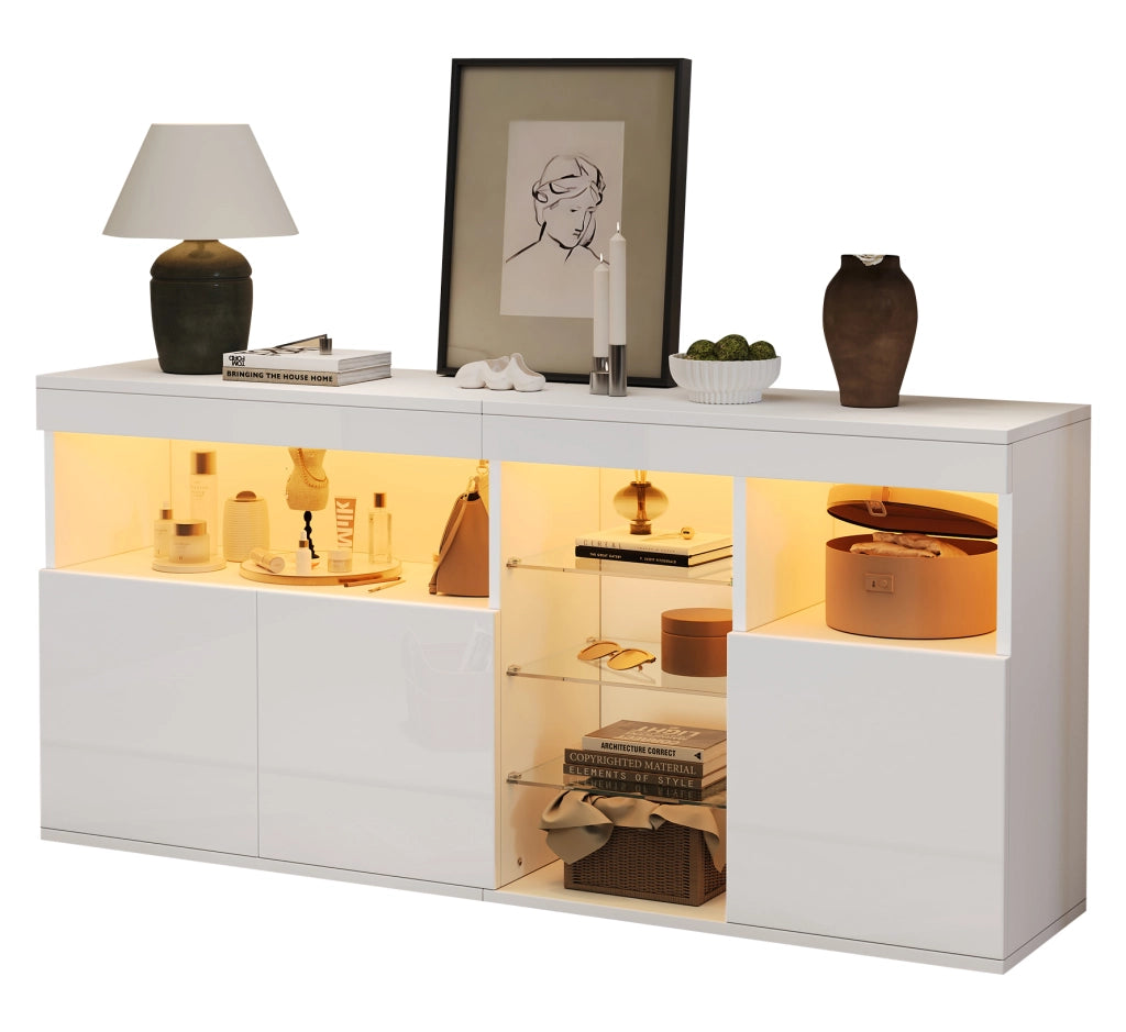 Credenza da soggiorno 155;5 x 35 x 72 cm con LED e finitura lucida; bianco