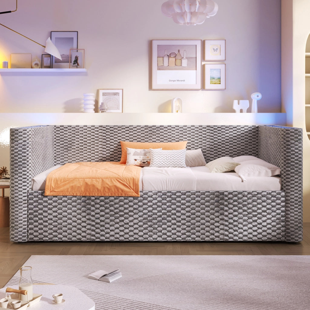 Letto singolo a divano 90 × 200 cm con vano contenitore idraulico in velluto grigio e luci LED