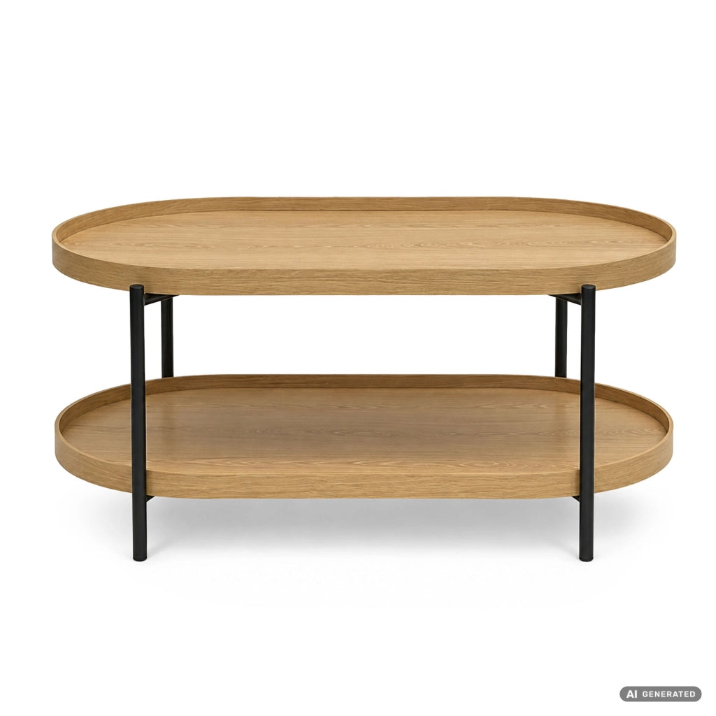 Tavolino da salotto stile loft CORTADO 90 cm ovale con ripiano legno naturale gambe nere
