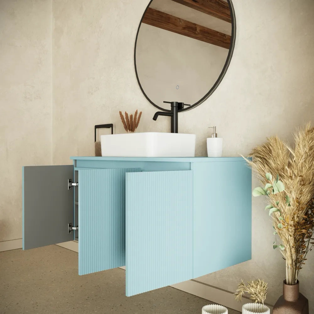 Mobile bagno sospeso 100cm carta da zucchero cannettato 3 ante con top | Pelion