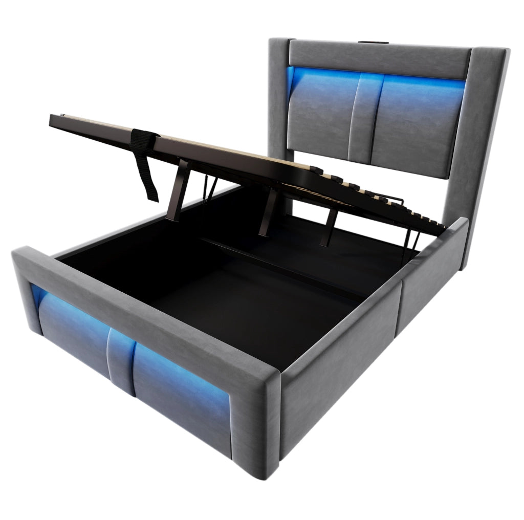 Letto singolo contenitore 90x200 cm in velluto grigio con materasso; LED e ricarica USB/Type-C HOMVRA
