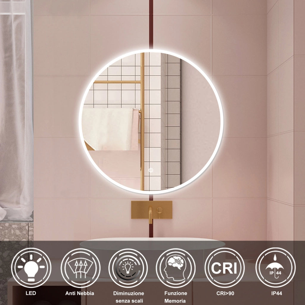 AICA Specchio da bagno 120 x 120 cm, antiappannamento, dimmerabile, interruttore touch, Funzione Memoria