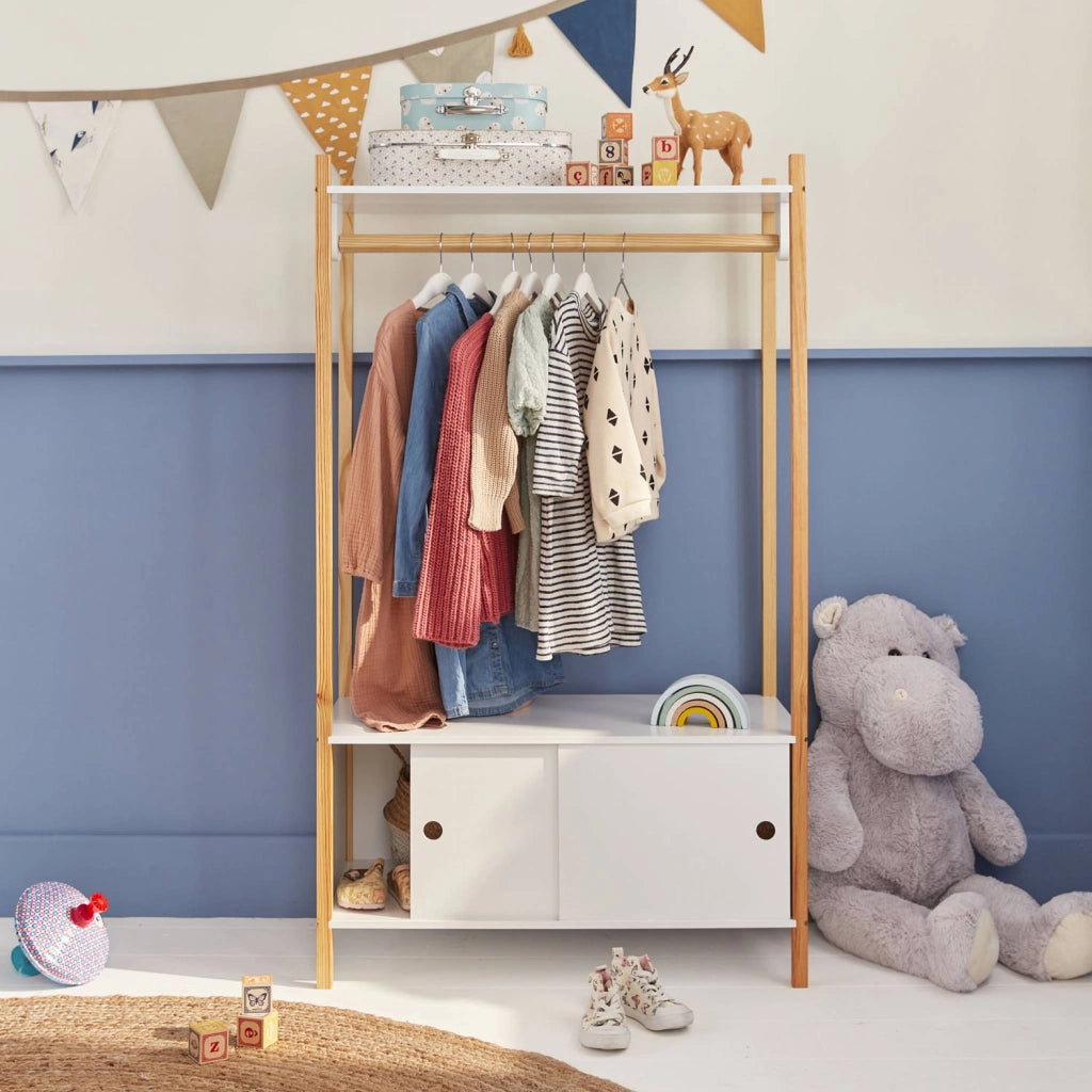 Appendiabiti per bambini in legno con ante scorrevoli, bianco