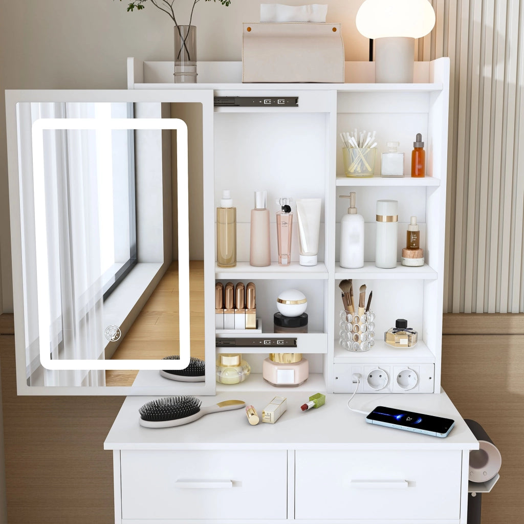 Toeletta con specchio LED regolabile; prese e USB; 2 cassetti e sgabello imbottito; MDF bianco