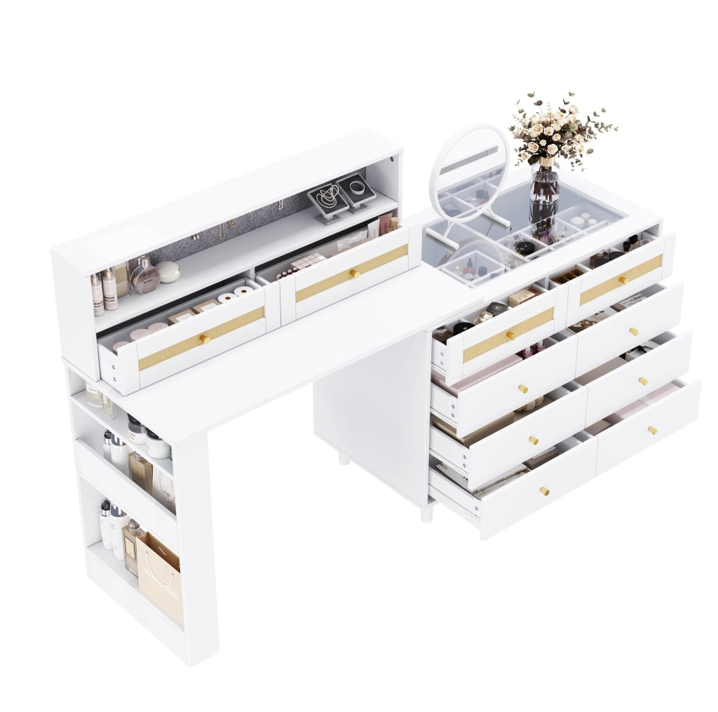 Toeletta ULEVR 105x50x107,5 cm con specchio, 10 cassetti, piano in vetro temprato e dettagli in rattan, bianca