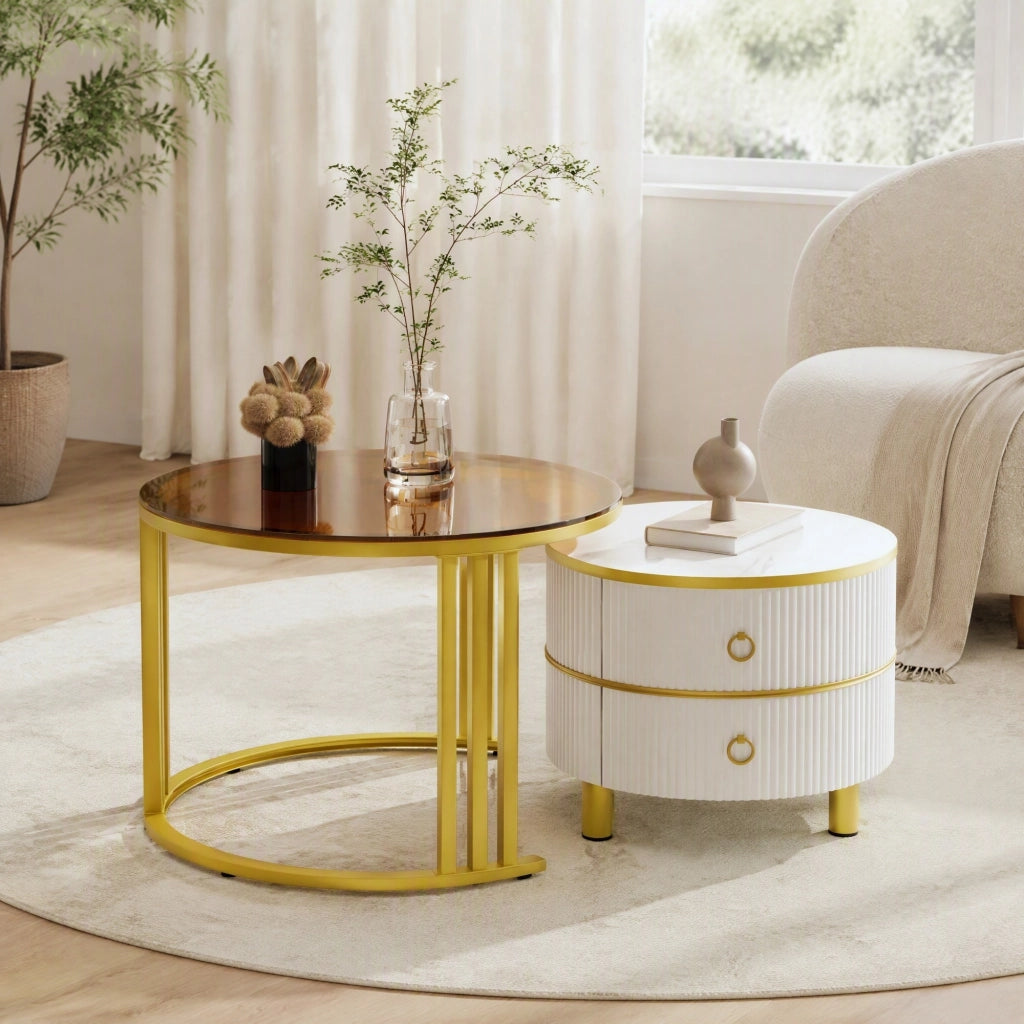 Set di 2 tavolini da caffè rotondi 70x70x45 + 50x50x40 cm in MDF e vetro bianco