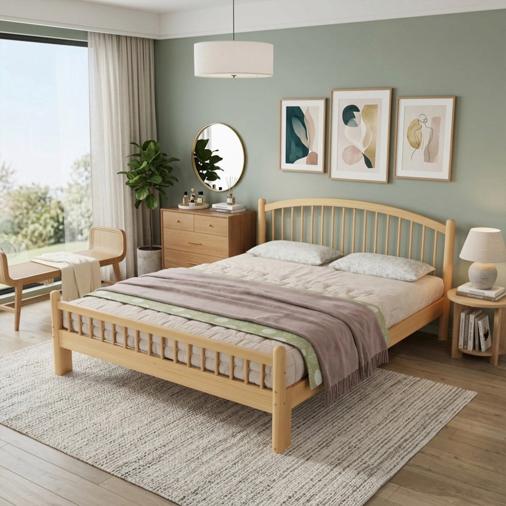 Letto in legno naturale 140 x 200 cm con rete a doghe stabile, letto matrimoniale con testiera a sbarre classico, stile vintage