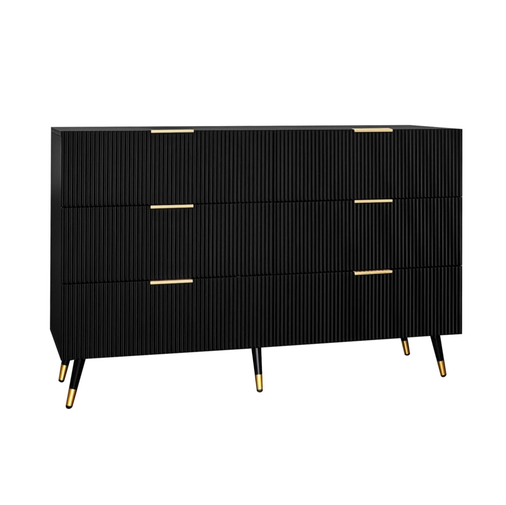 Credenza ULEVR 120x40x77 cm con 6 cassetti, gambe e maniglie dorate, finitura nera, per soggiorno