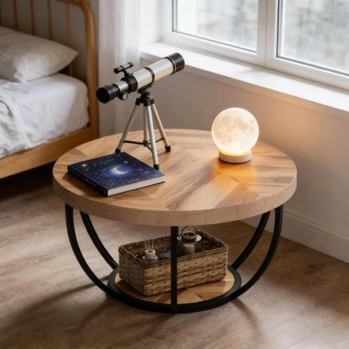 Tavolino basso rotondo a 2 ripiani in legno e metallo, design moderno per soggiorno, ufficio e reception
