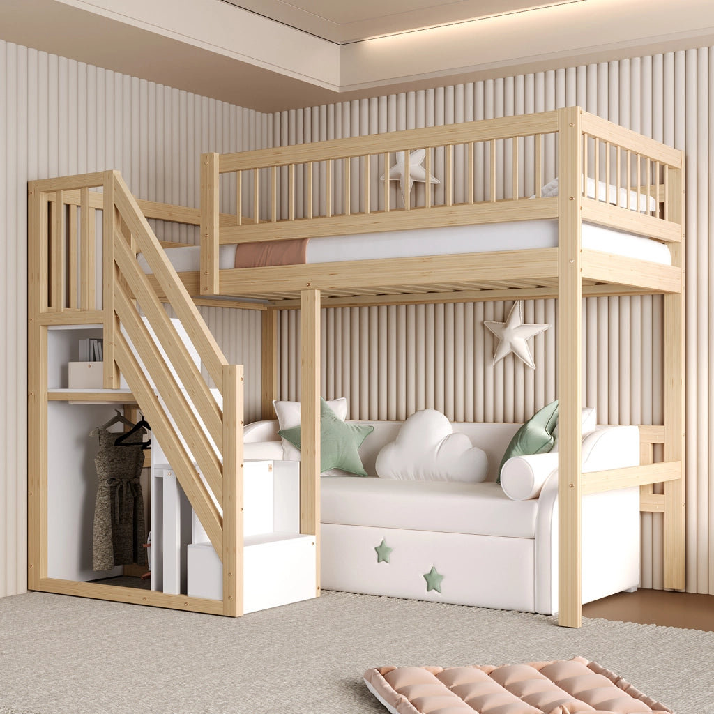 Letto a soppalco 90 × 200 cm con scala contenitore e sponde alte in legno colore naturale
