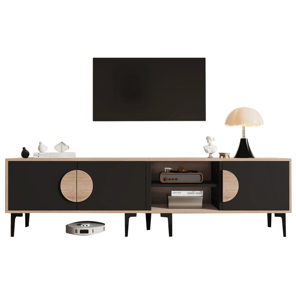 Mobile TV 180x35x49 cm con 3 ante e vani aperti; rovere e nero per TV fino a 80 pollici