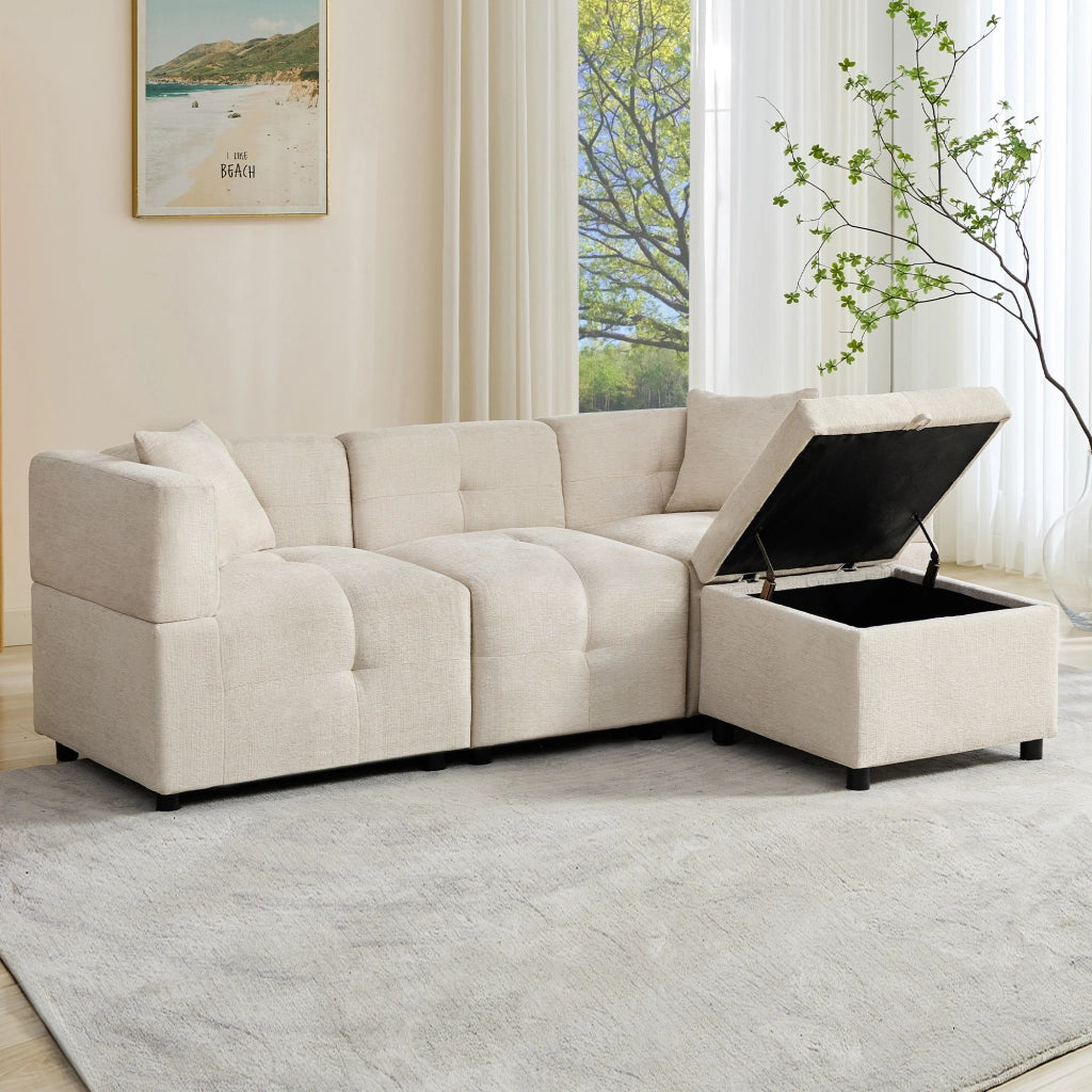 Divano angolare 3 posti in ciniglia beige con pouf contenitore e 2 cuscini